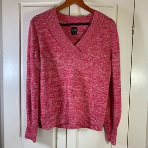 GAP Pink Marled Y2K Style  V-Neck Sweater S Clean Girl Cozycore 100% Cotton Knit